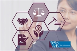 [ai] A woman in business attire pointing at hexagonal icons representing justice scales, a handshake, a question mark in hands, a document, and a gavel. The logo of 'The Advocates for Human Rights' is in the bottom right corner.
